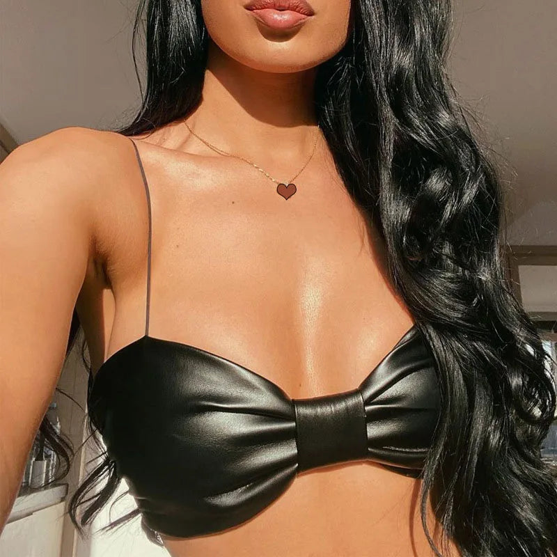 Spaghetti Strap Tube Top Spring Leather Crop Tank Top