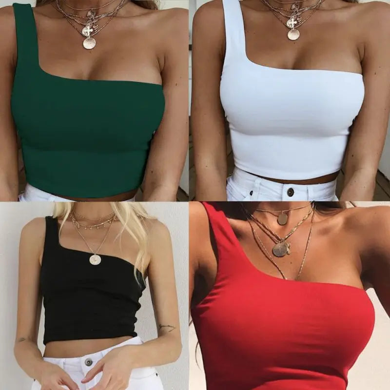 One Shoulder Crop Tops Sleeveless T-Shirt