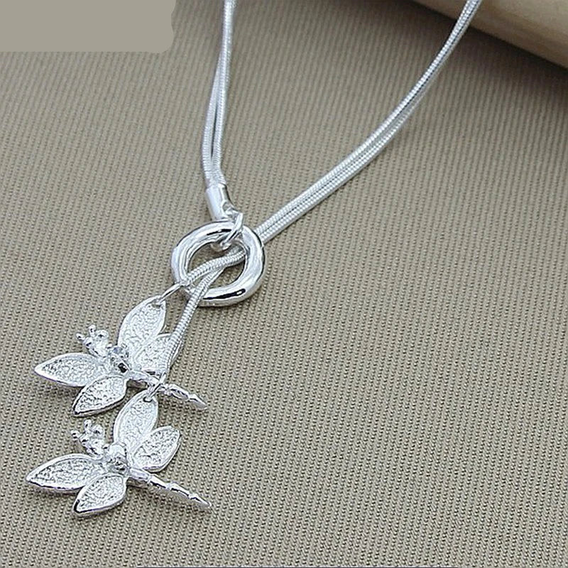925 Sterling Silver Two Dragonfly Pendant Necklace
