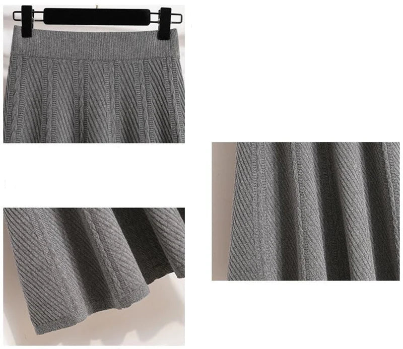 Vintage Knitted Midi Skirt Women Korean High Waist