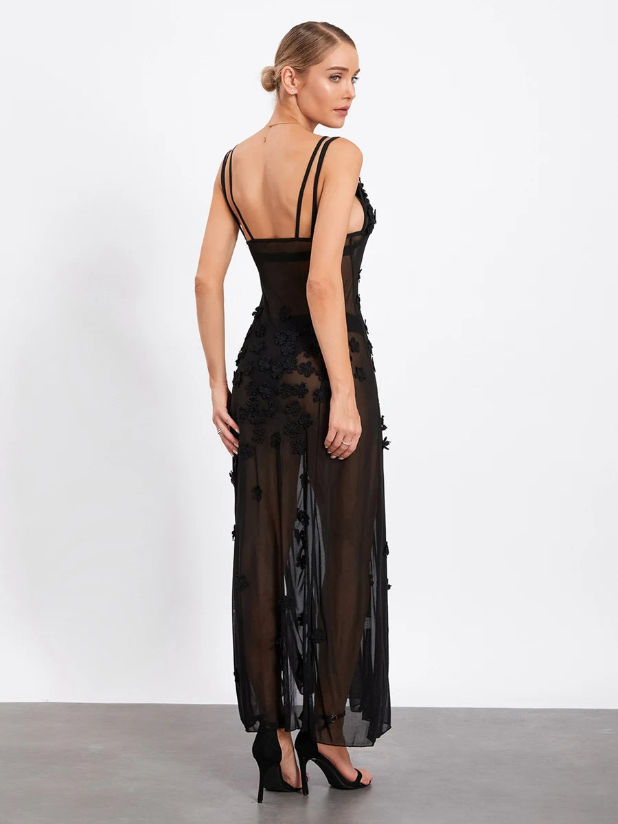 3D Flower Sheer Mesh Long Dress