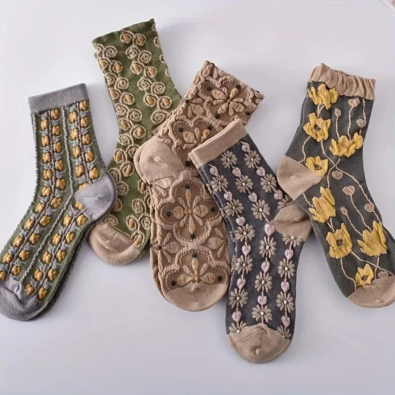 3D Floral Textured Socks, Retro Court Style