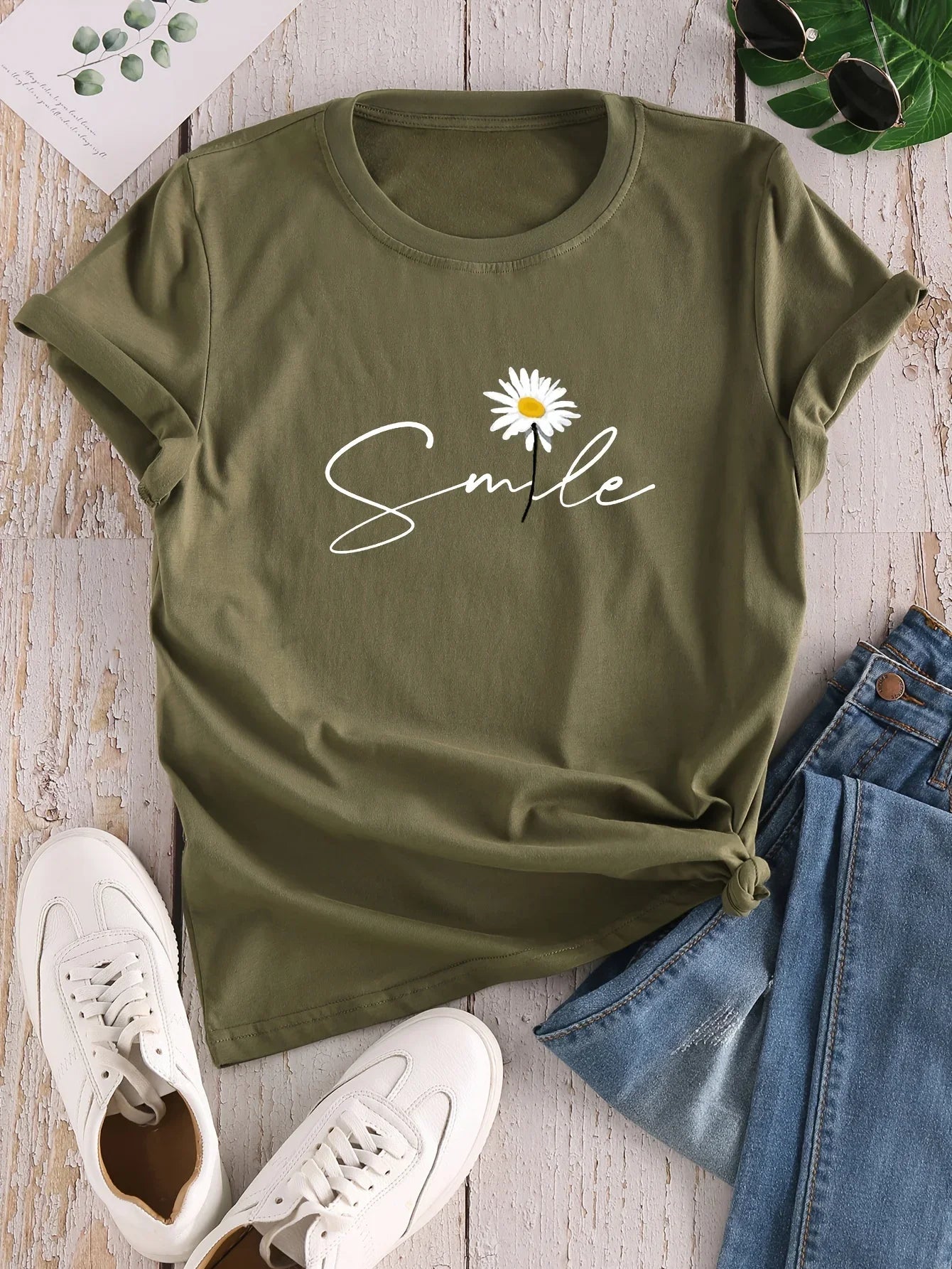 Flower & Letter Print Crew Neck T-Shirt