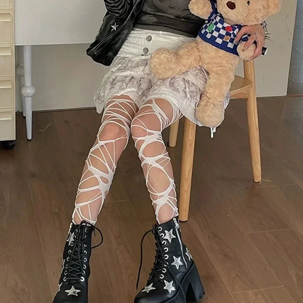 Fashion Punk Torn Strap Holes Tights