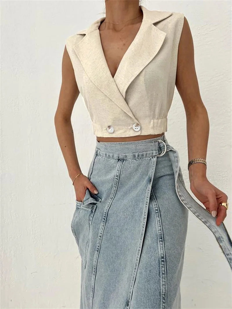 Khaki Linen Tank Tops Sleeveless V-neck Vest Crop