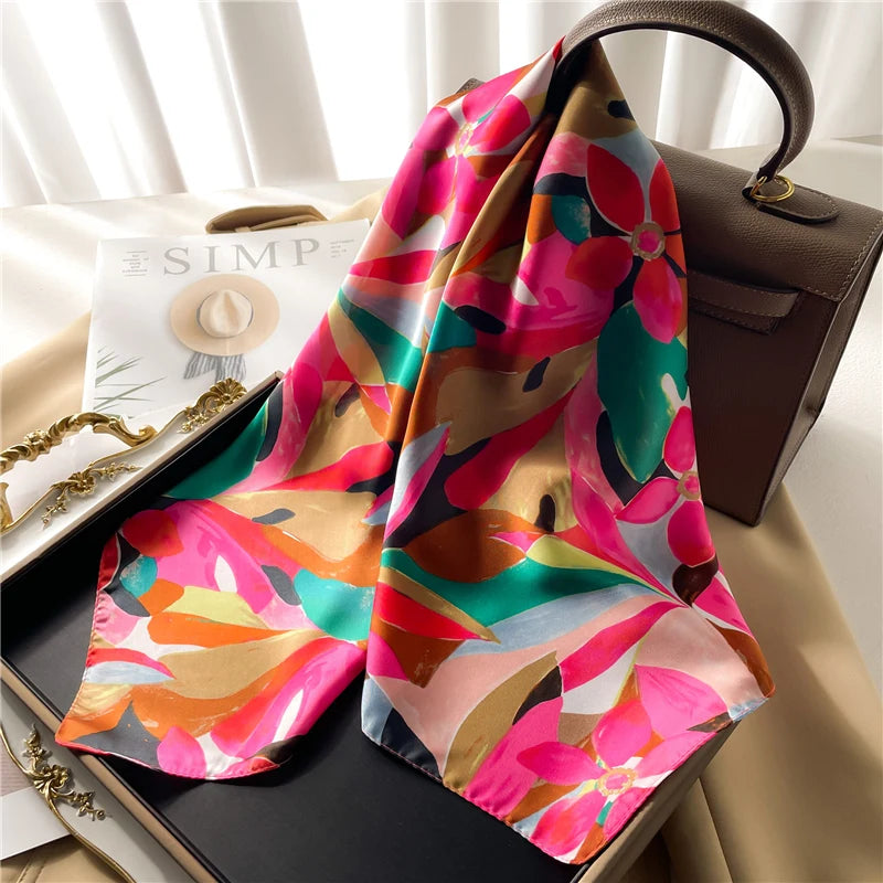 Floral Print Square Silk Scarf