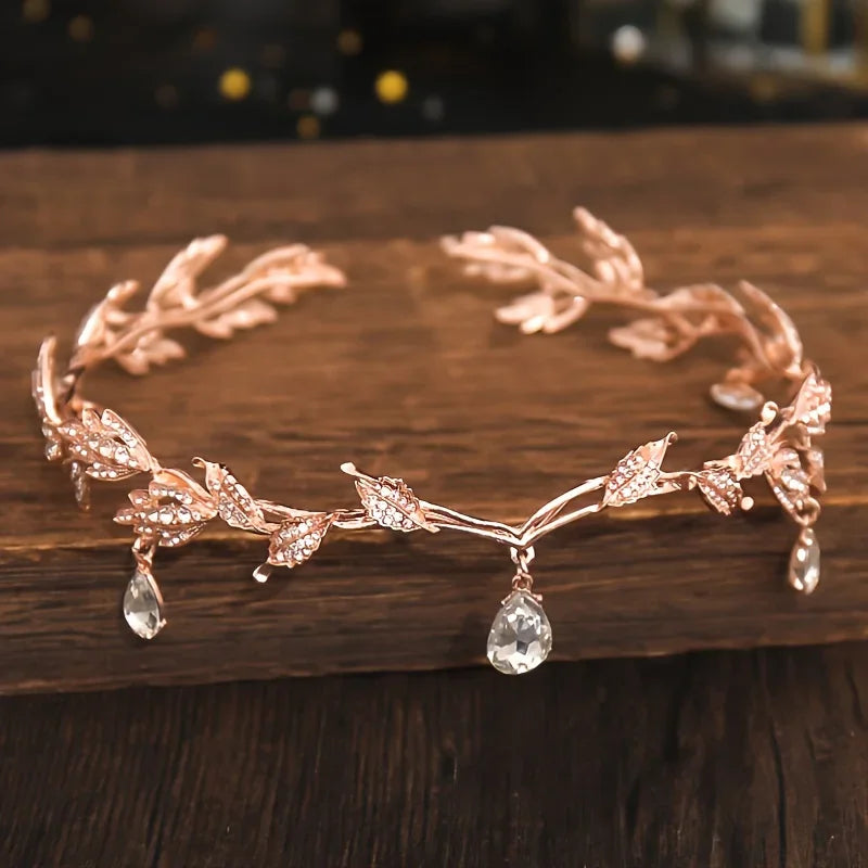 Vintage Crystal Rhinestone Waterdrop Leaf Tiara