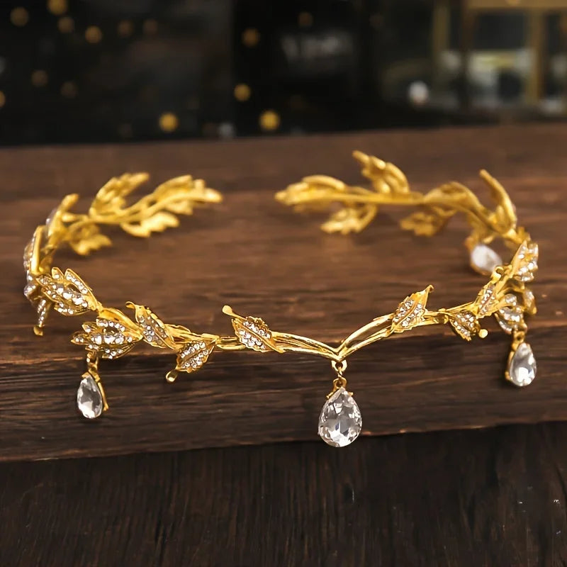 Vintage Crystal Rhinestone Waterdrop Leaf Tiara