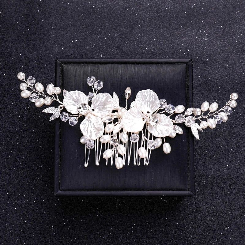 Silver Color Flower Pearl Crystal Wedding Hair Comb