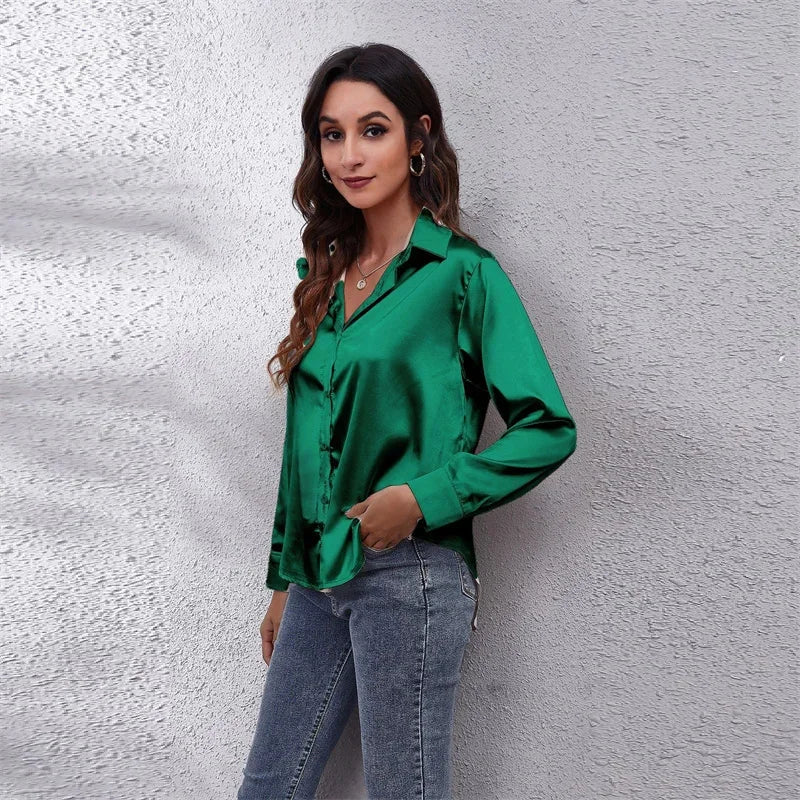 Spring Satin Shirt Women Loose Button Up Blouse