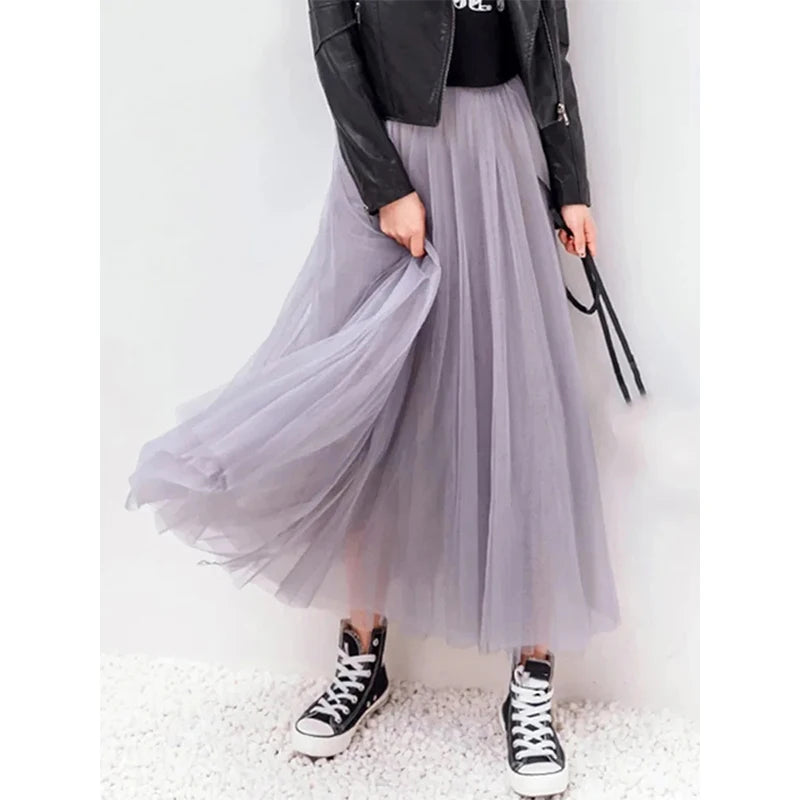 High Waist Mesh Pleated Skirts