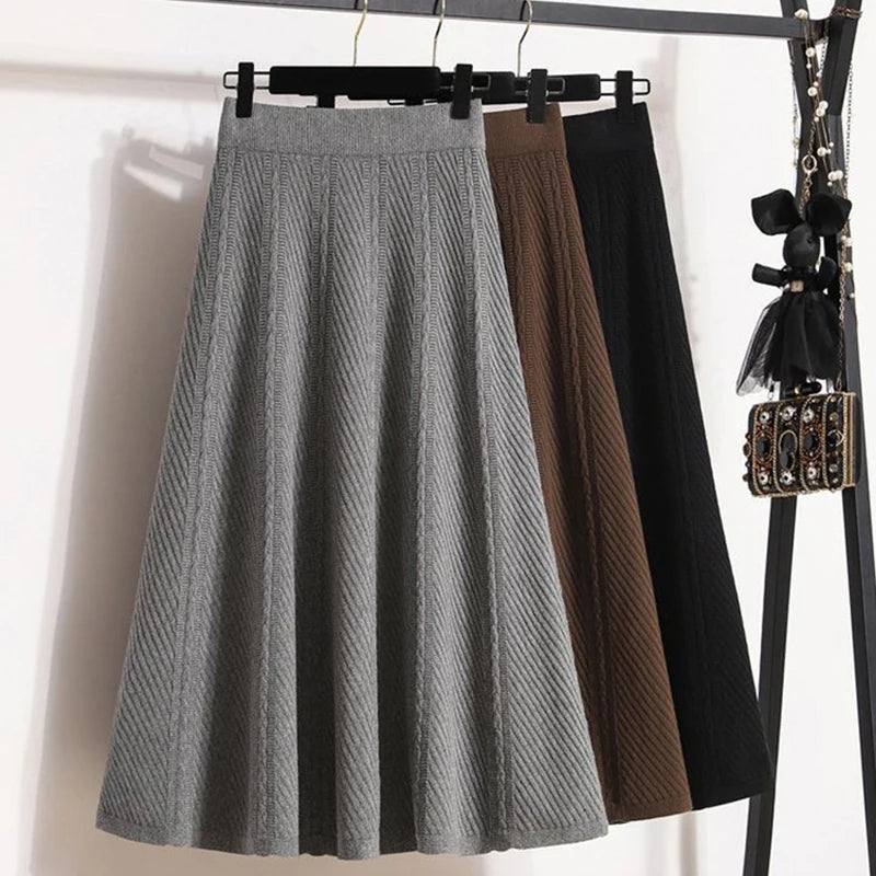 Vintage Knitted Midi Skirt Women Korean High Waist