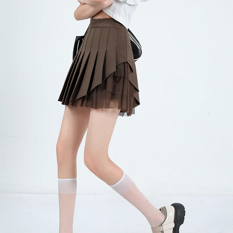Korean Style Holiday Outfits With Mesh White Mini Pleated Skirts