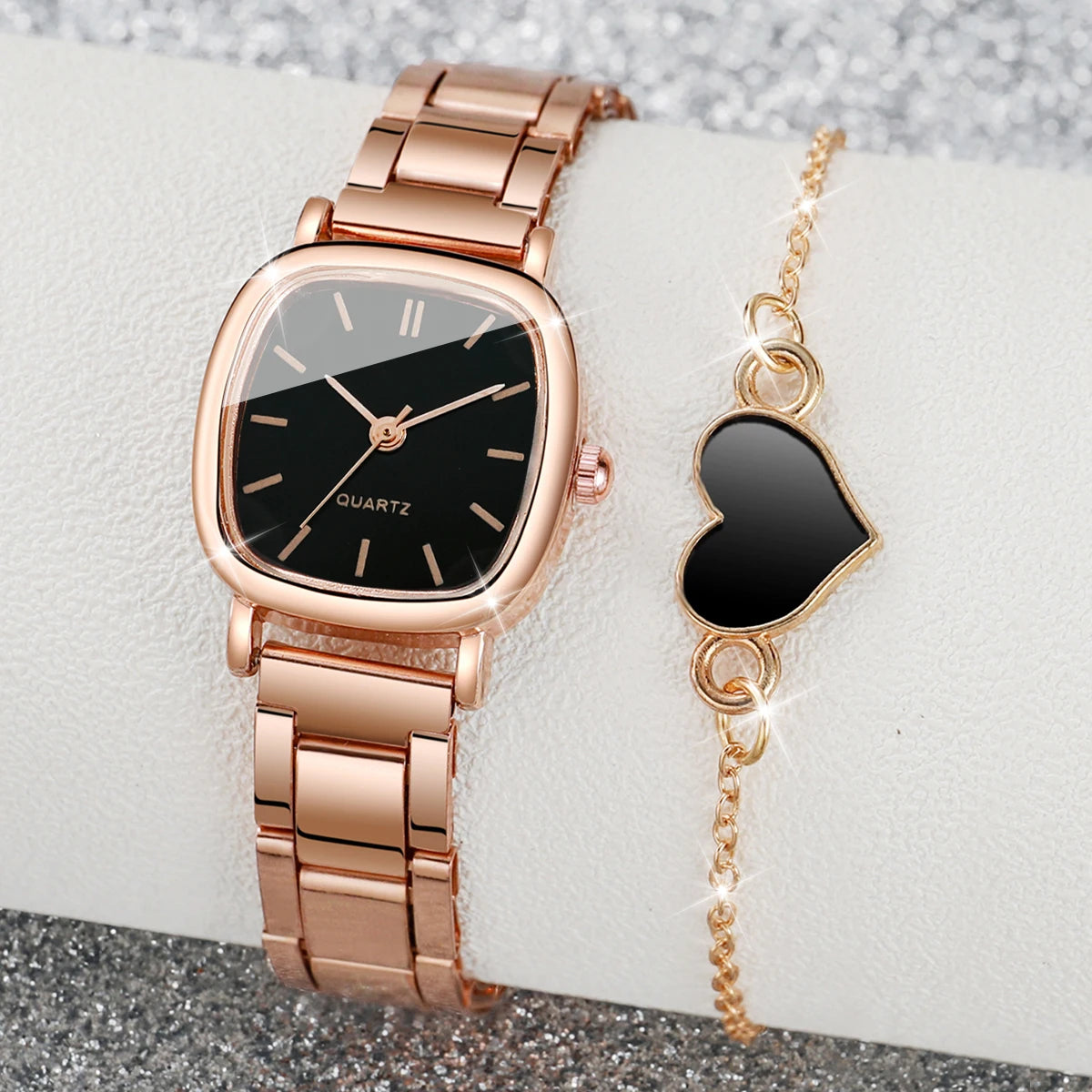Stainless Steel Band Quartz Watch Heart Bracelet Set
