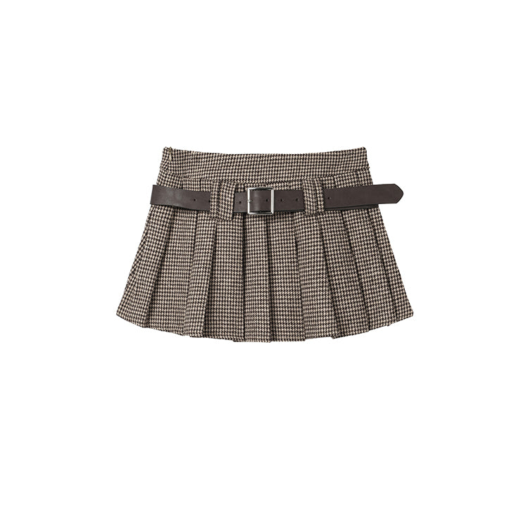 Low Rise Houndstooth Mini Skirt with Belt