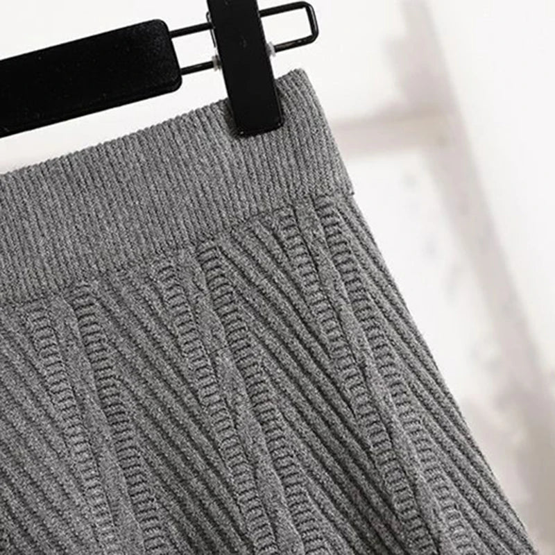 Vintage Knitted Midi Skirt Women Korean High Waist