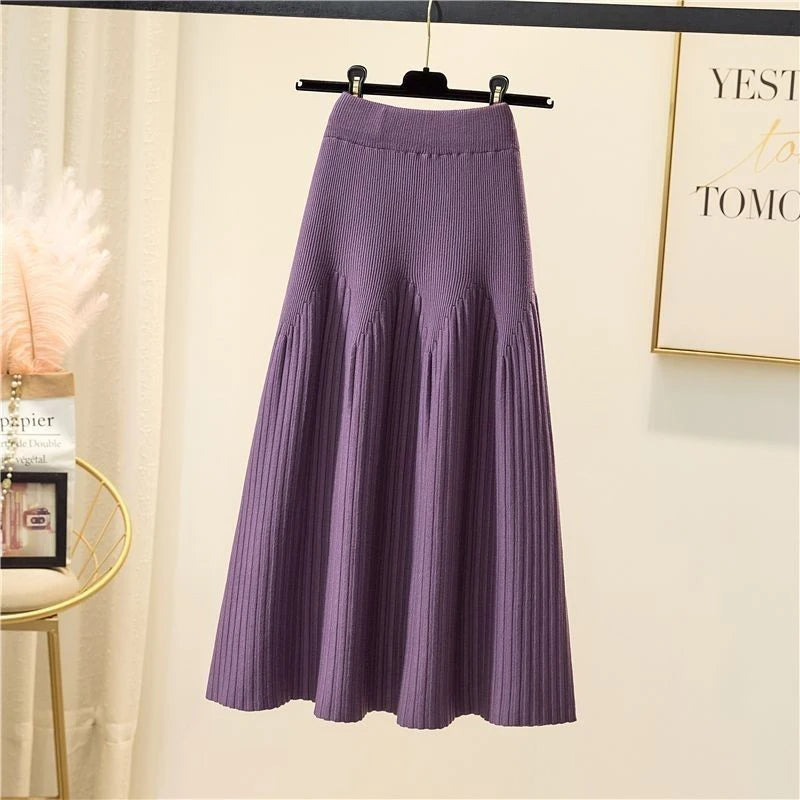 Knitted Midi Skirts Women High Waist