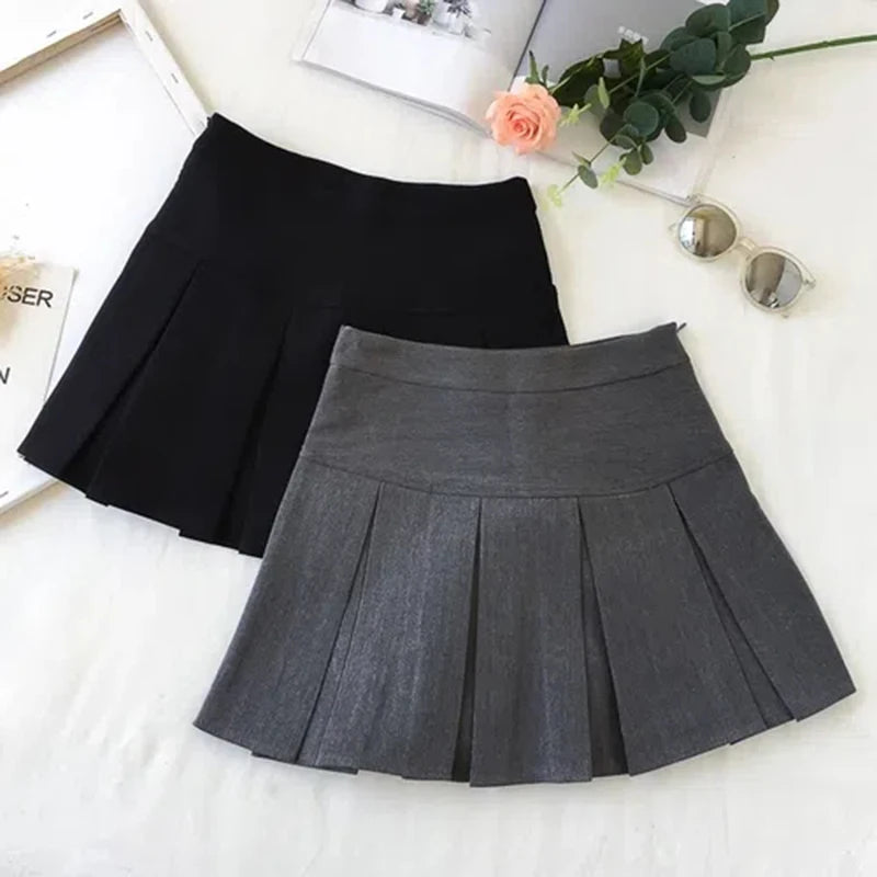 High Waist Zipper Grey Student Mini Skirt