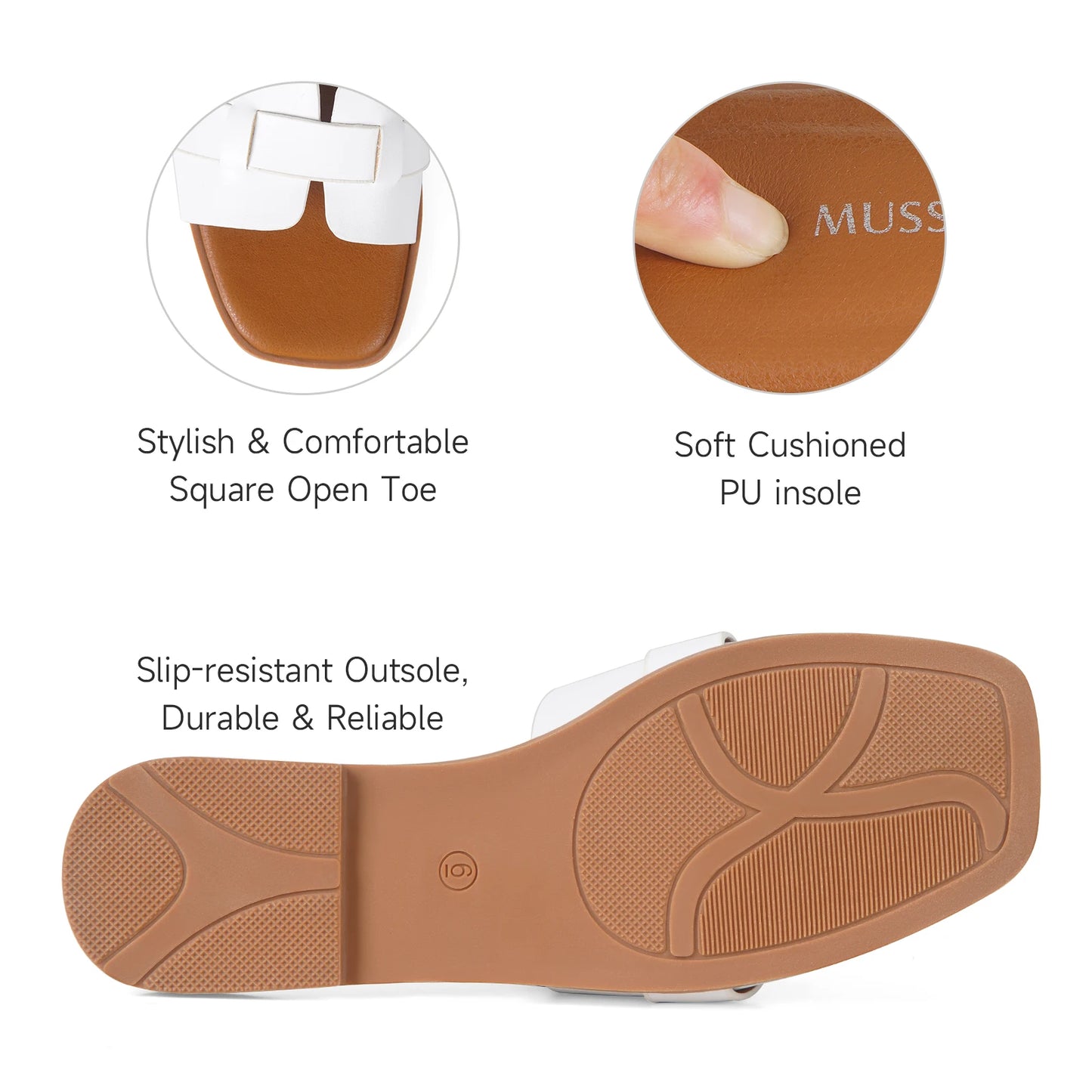 Square Toe Flat Slippers Women Wide Fit Leather Slides