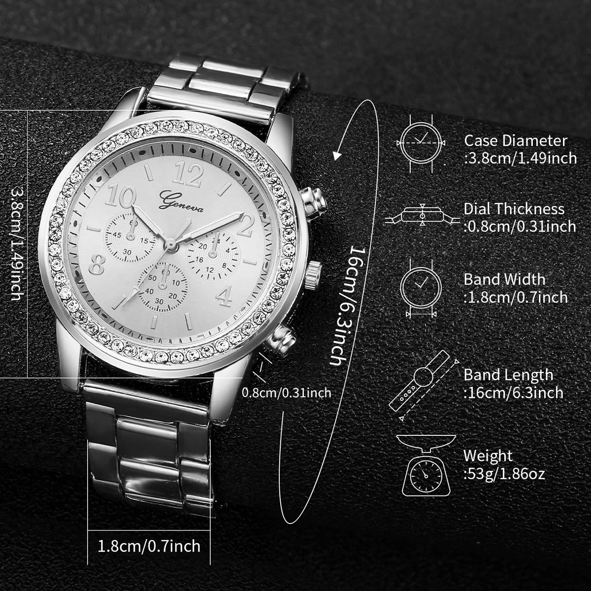 Silver Steel Band Analog Quartz Watches Bracelet Set