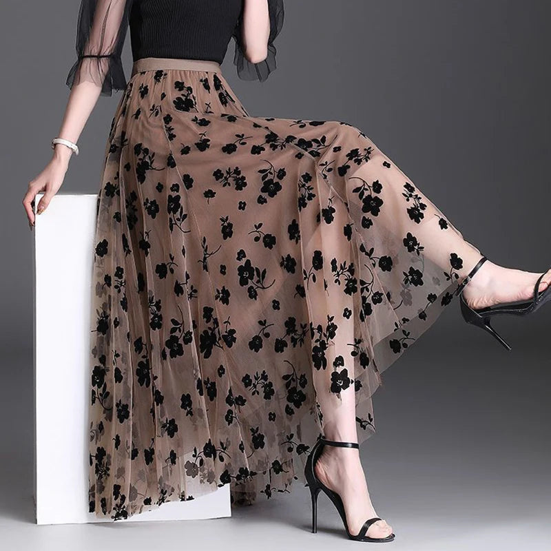 Floral Loose Midi Skirt Elegant Mesh Skirts