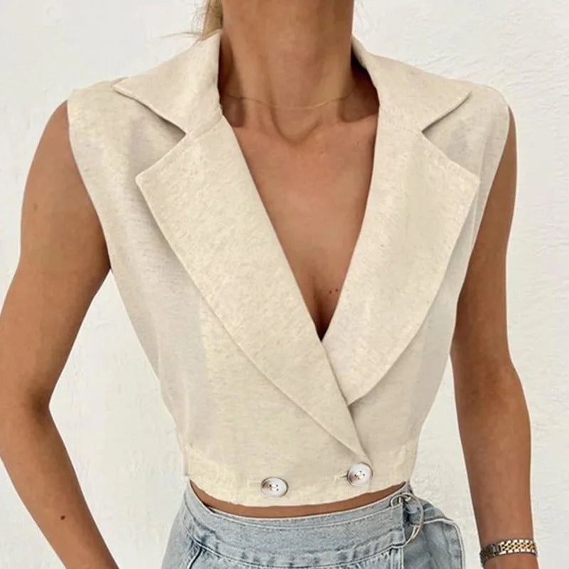 Khaki Linen Tank Tops Sleeveless V-neck Vest Crop