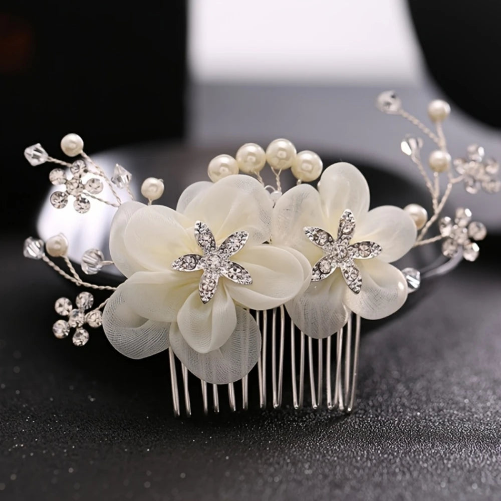 Silver Color Flower Pearl Crystal Wedding Hair Comb