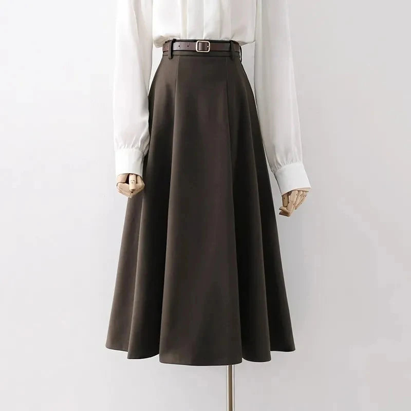 Vintage Belt Woolen Midi Skirt
