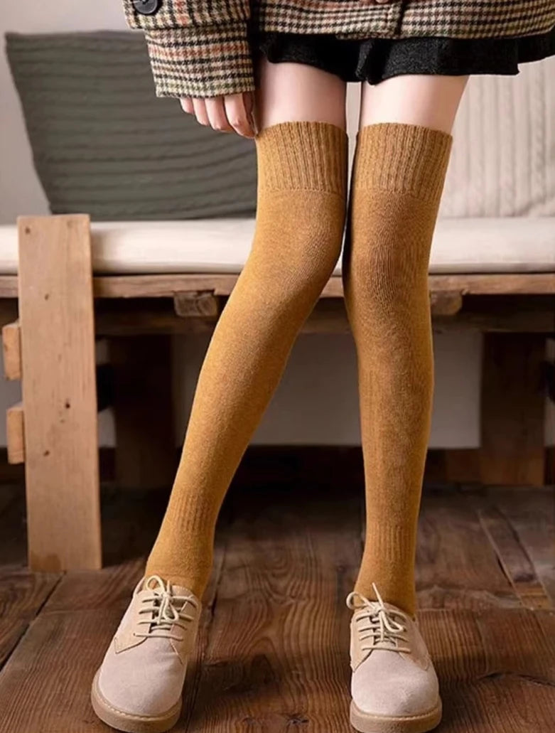 Striped Trim Thigh High Socks