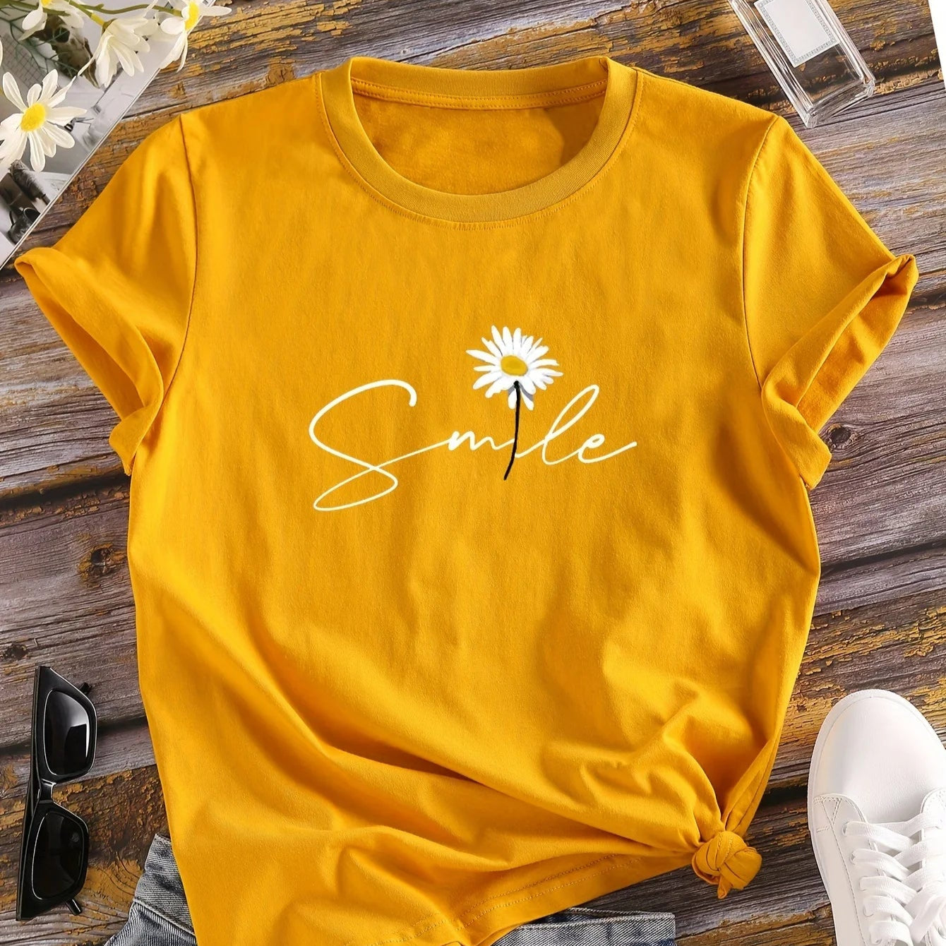 Flower & Letter Print Crew Neck T-Shirt