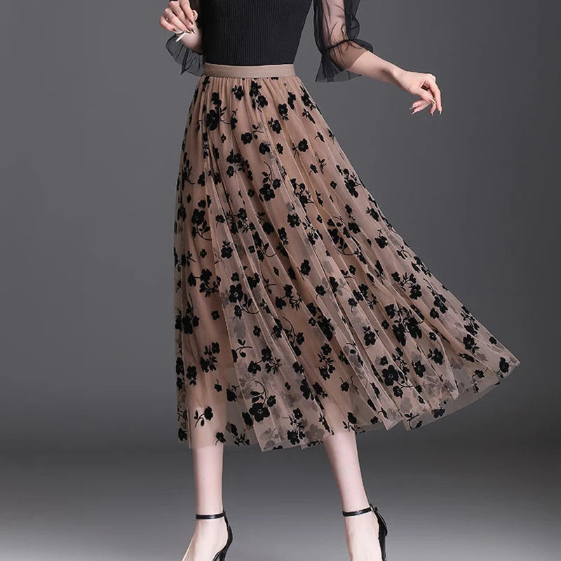Floral Loose Midi Skirt Elegant Mesh Skirts