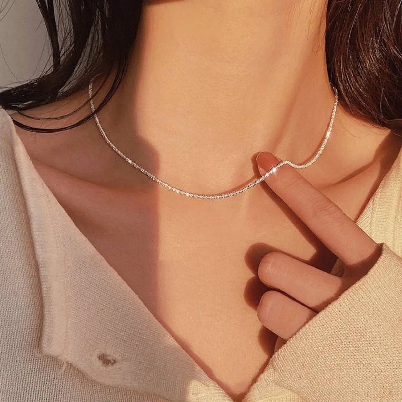 2pcs Set Shiny Sparkling Silver Plated Clavicle Chain Necklace Bracelet
