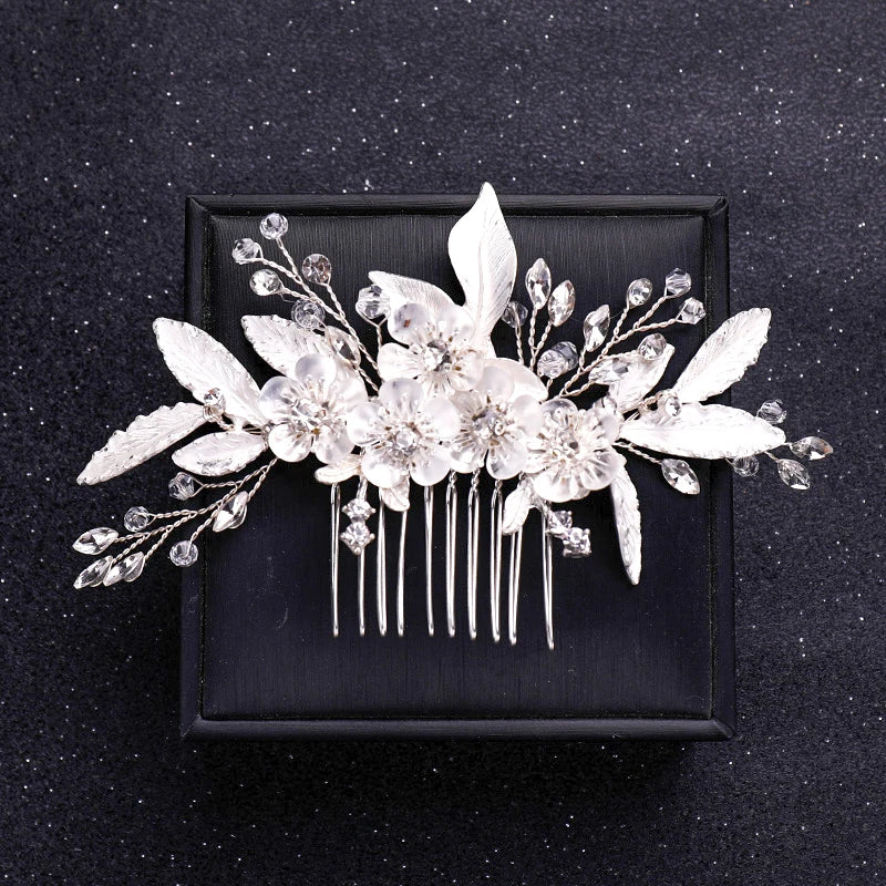 Silver Color Flower Pearl Crystal Wedding Hair Comb