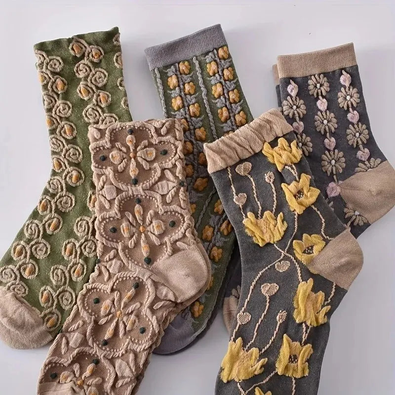3D Floral Textured Socks, Retro Court Style