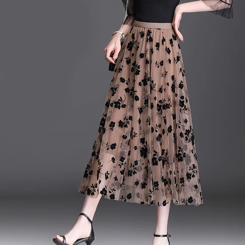 Floral Loose Midi Skirt Elegant Mesh Skirts