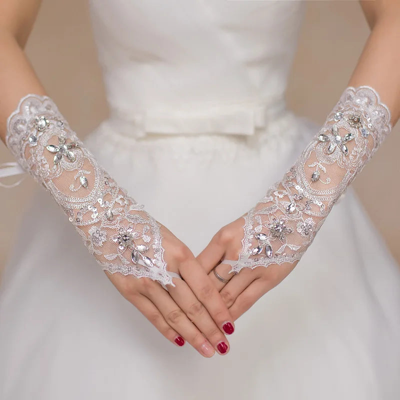 1 Pair White/Red/Beige Bridal Gloves Wedding Accessories