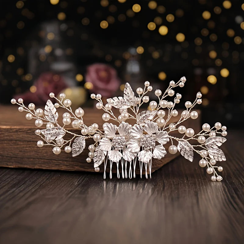 Silver Color Flower Pearl Crystal Wedding Hair Comb