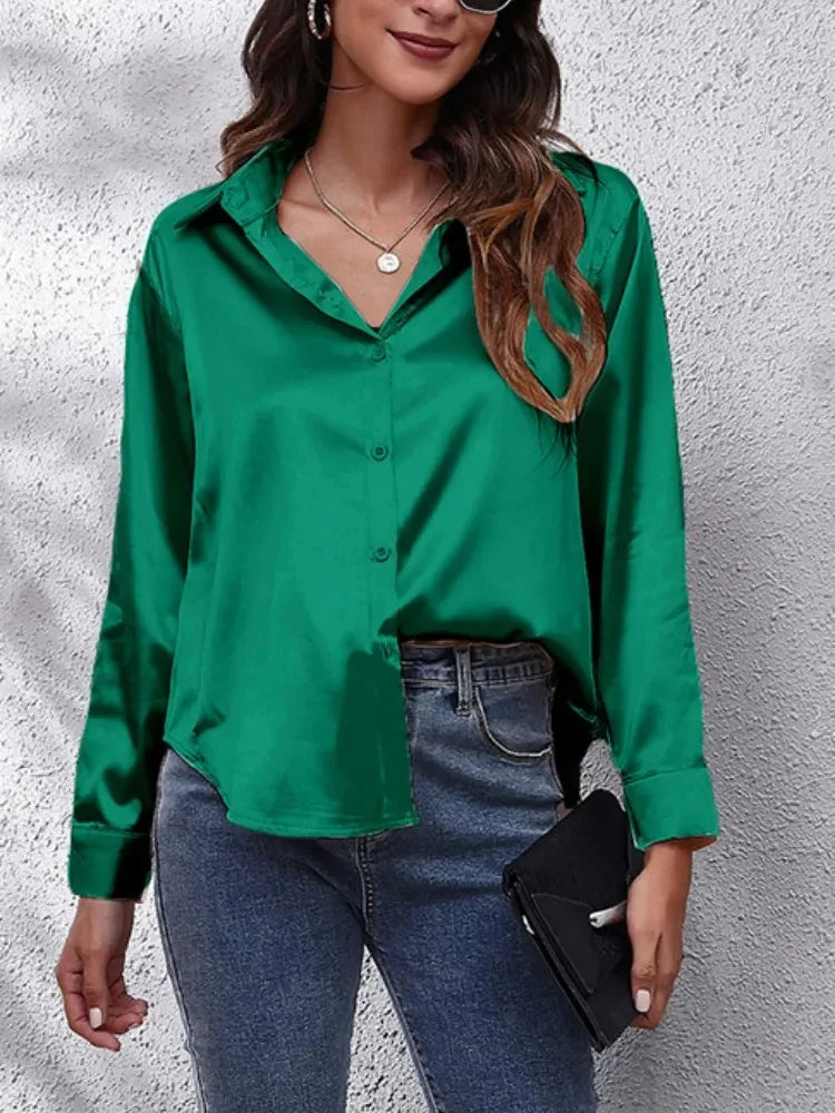 Spring Satin Shirt Women Loose Button Up Blouse