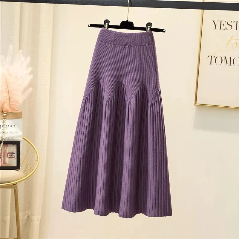 Knitted Midi Skirts Women High Waist