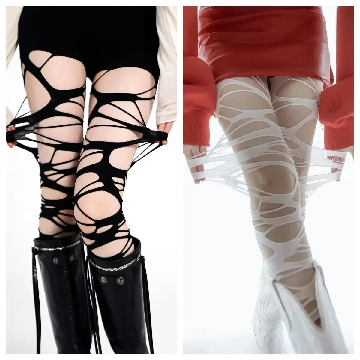Fashion Punk Torn Strap Holes Tights