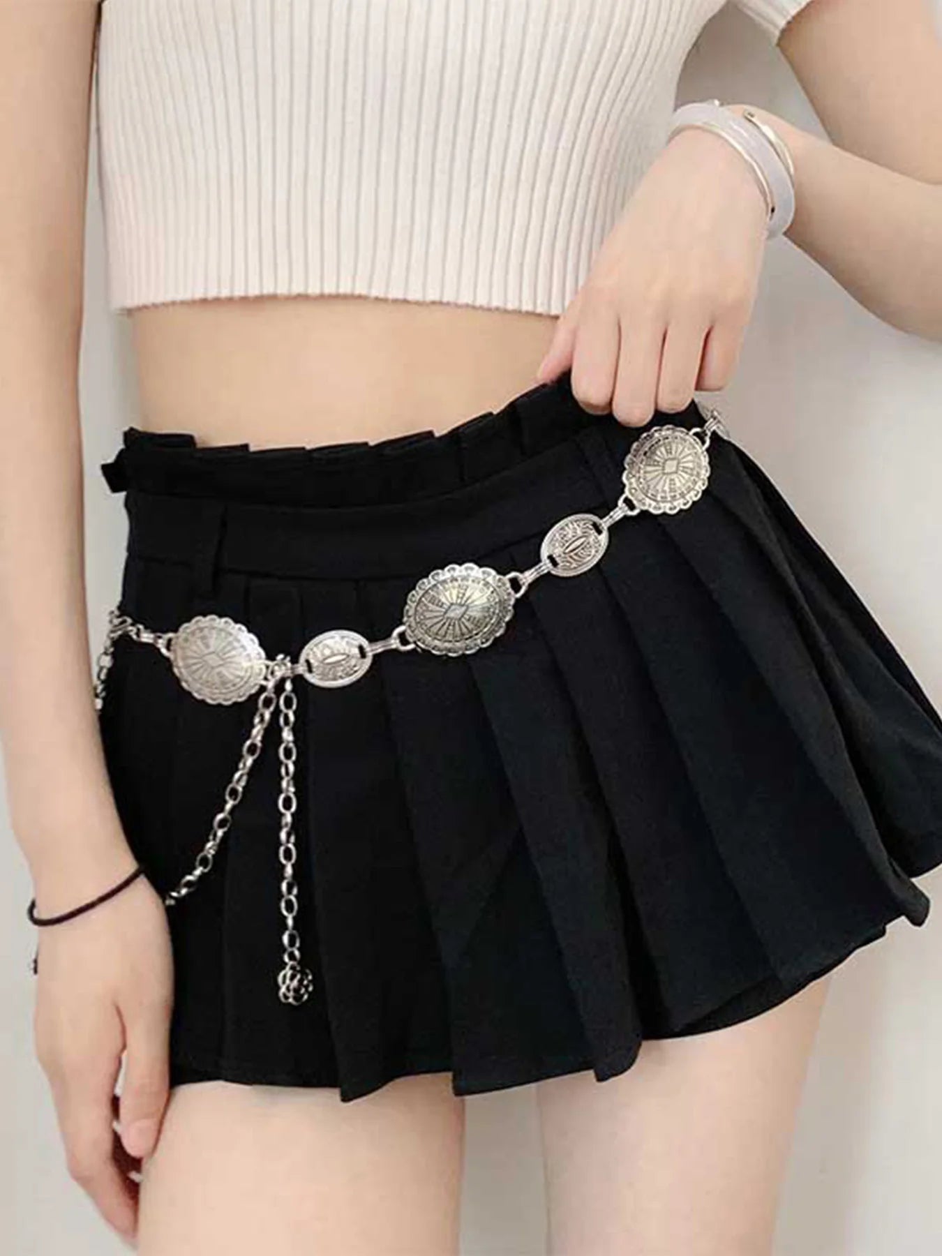 Bohemian ethnic style high-end silver metal chain belt