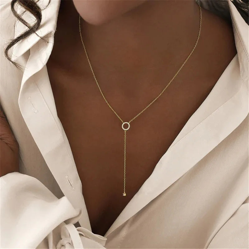 925 Sterling Silver Double-Deck Circle Zircon Pendant Long O-Chain