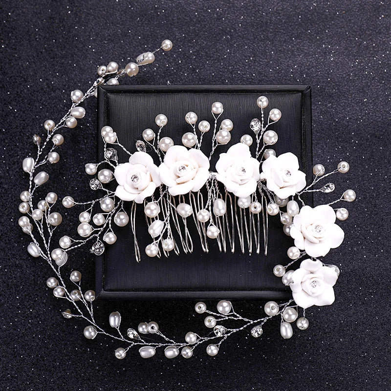 Silver Color Flower Pearl Crystal Wedding Hair Comb