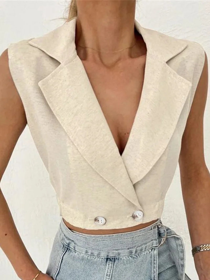 Khaki Linen Tank Tops Sleeveless V-neck Vest Crop