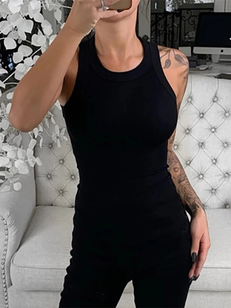Solid Round Neck Ribbed Tank Top