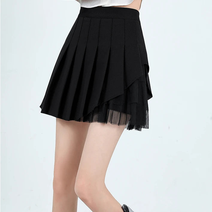 Korean Style Holiday Outfits With Mesh White Mini Pleated Skirts