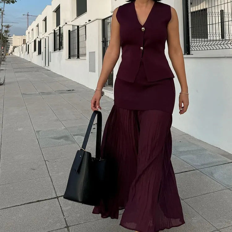 2-Piece Set V-Neck Sleeveless Button Knitted Vest Top, Long Skirt