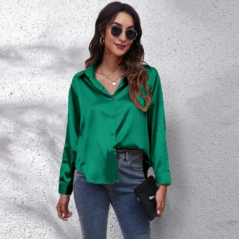 Spring Satin Shirt Women Loose Button Up Blouse