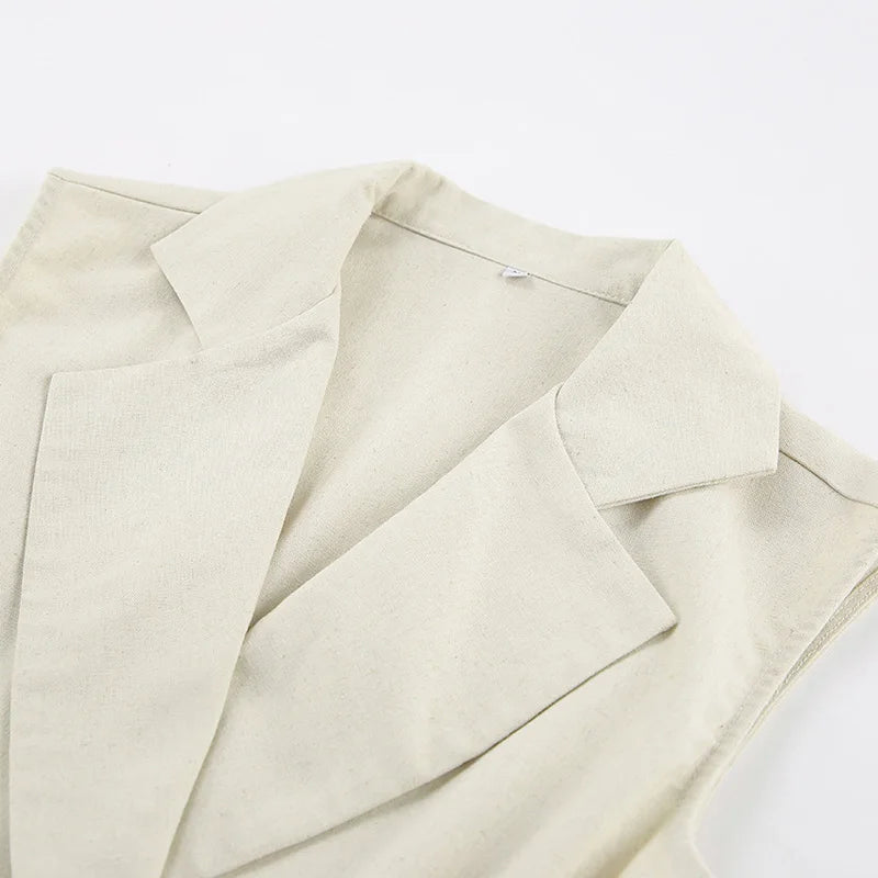 Khaki Linen Tank Tops Sleeveless V-neck Vest Crop