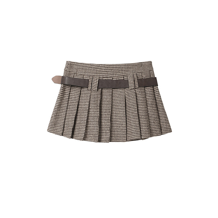 Low Rise Houndstooth Mini Skirt with Belt